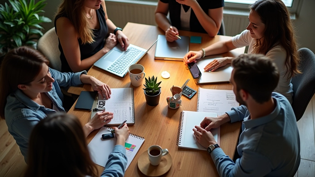 Groep mensen rond tafel met laptops, collaboratief werkend
