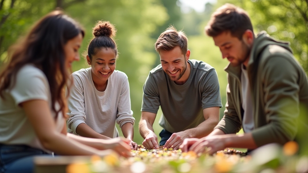 Diverse groep vrijwilligers die samen aan een project werken, buiten, zonnig weer, echte sfeer van samenwerking
