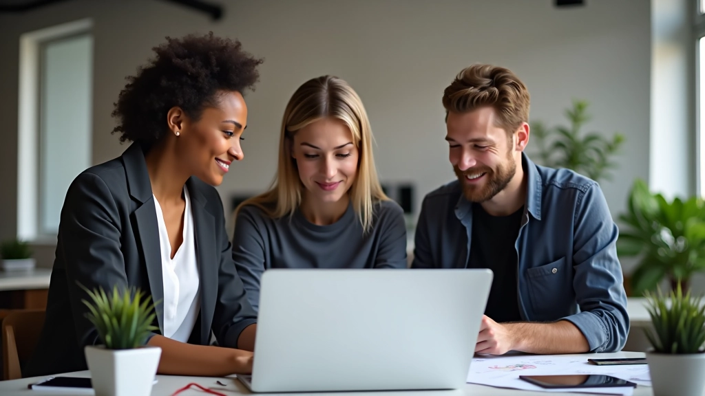 Team van webdesigners aan het werk in modern kantoor met grote ramen en planten