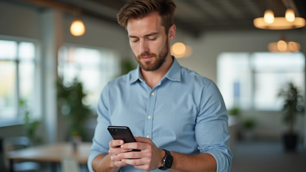 Man in kantoor aan bureau met smartphone waarop discussiepaneel is geopend