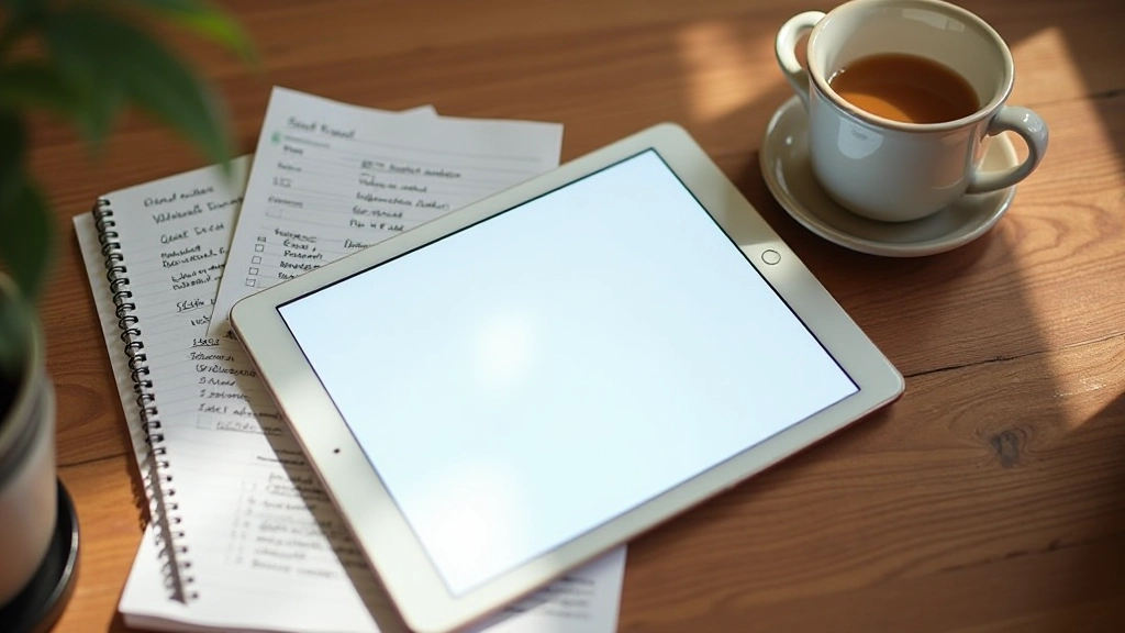 Tablet en notitieboek met organisatieplanning op een houten bureau
