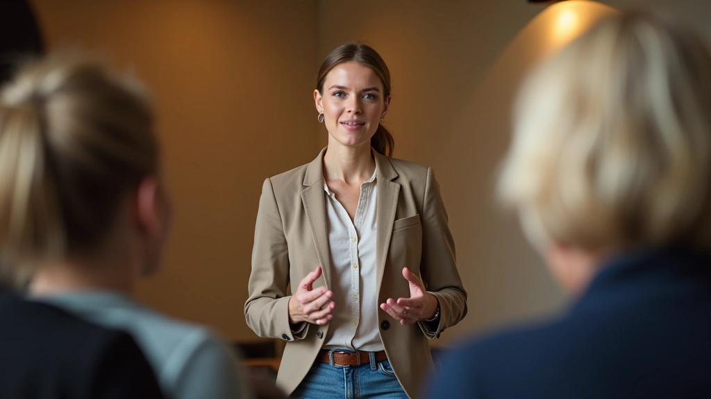 Vrouw presenteert presentatie aan klein publiek in informele setting, vriendelijk en professioneel